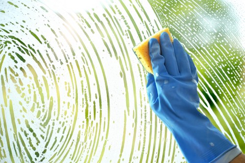 Oven cleaning technician working safely in a kitchen